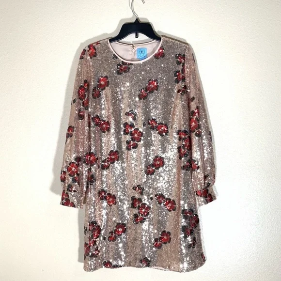 CeCe Floral Print Gold Sequin Long Sleeve Dress - Picture 6 of 9
